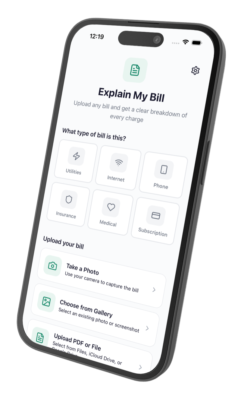 The Explain My Bill app showing bill type selection and upload options